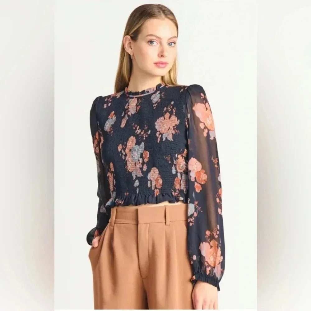 Black Tape Smocked Floral Blouse Black Sheer Long Sleeve Size  Small